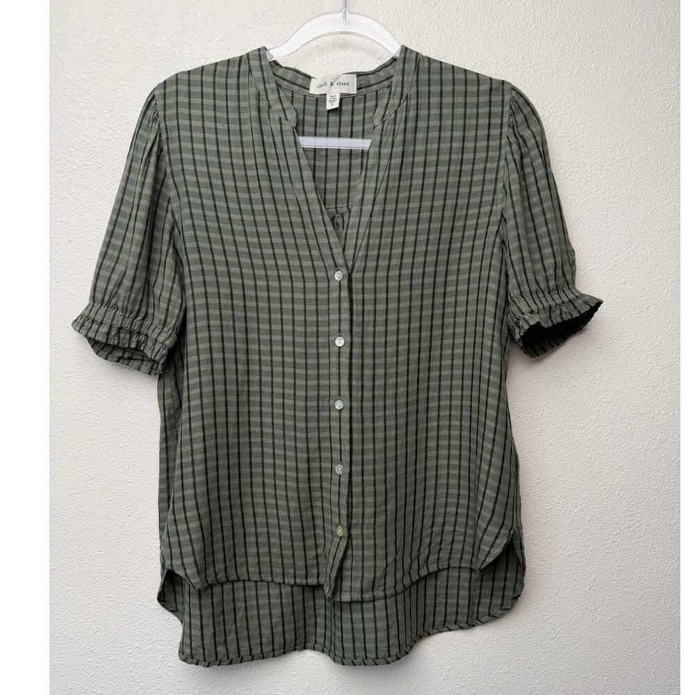 Cloth and Stone Green Plaid Puff Sleeve Linen Buttondown Women's US S - Picture 3 of 13